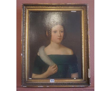 English School "Portrait Of A Girl With Plaits" Oil On Canvas, circa early 19th century, 50 x 39cm, in a gilt gesso frame 