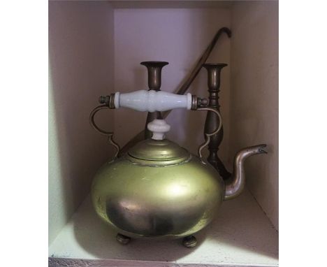 A Mixed Lot Of Vintage Brass & Metal Kitchenalia, to include an enamel bread bin, brass toddy kettle, a horn ladle, a Victori