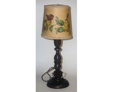 An Indian Laquered On Wood Table Lamp, Decorated with blue painted and gilded floral panels, with shade, fitted for electrici