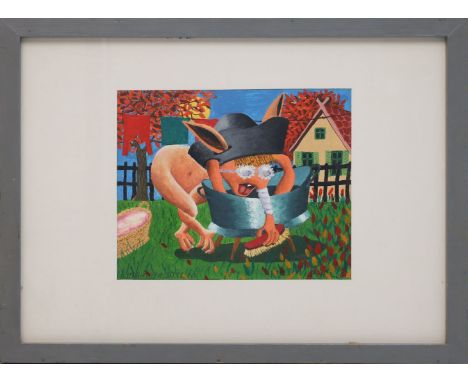 Märchen, Artur (1932 Grünberg - Berlin 2002) Die Fleißige Waschfrau. Öl/Holz, li. u. sign. und dat. 20.12.70. Ca. 24x 27,5 cm