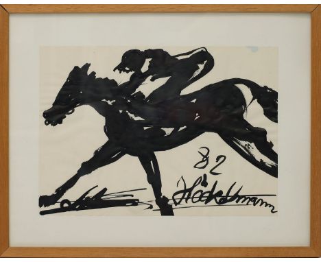 Höckelmann, Antonius (1937 Oelde – Köln 2000) Reiter. Tuschezeichnung/Papier, re. u. sign. und dat. (19)82. Verso Etikett der