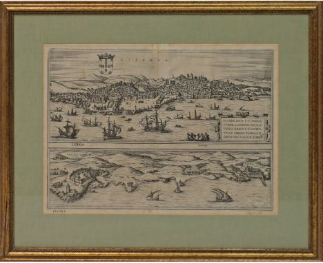 Kupferstich (16./17. Jh.) Lissabon-Cascais (aus Braun-Hogenberg) "Lisbona - Olisipo", darunter Cascais. 2 Gesamtansichten von