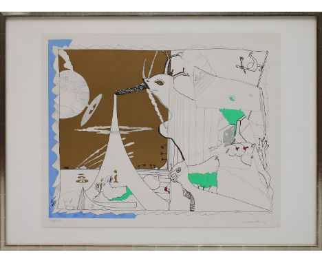 Roth, Dieter / Wewerka, Stephan "Vogellandschaft". Aquarell und Bleistift über Serigraphie/l. Karton, re. u. mit Bleistift vo