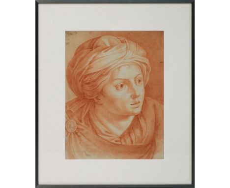 Unbekannter Maler des Barock (17./18. Jh.) Kopf der Heiligen Cäcilie. Rötelzeichnung/Papier (Falzspur, Altersspuren). 42x 32 