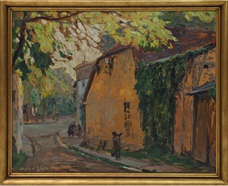 Licht, Hans (1876 Berlin 1935) Dorfstraße - "Am F...berg?", so verso betitelt. Öl/Platte, li. u. sign. Ca. 58x 70 cm. R.