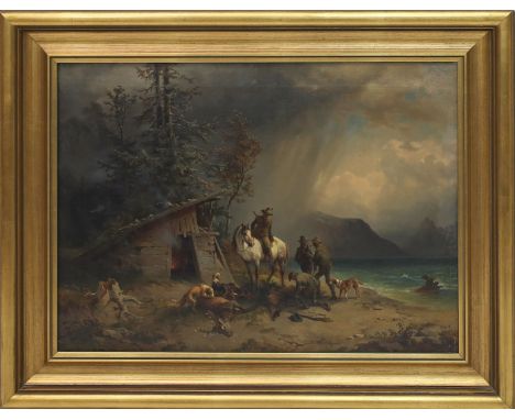 Bürkel, Johann Heinrich (1802 Pirmasens - München 1869), in der Art Jäger mit Hunden und erlegtem Wild an einem Seeufer, bei 