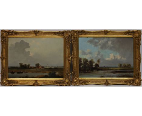 Demmin, Erich (1911 Mecklenburg-Berlin 1997) Pendants: Landschaften mit Gewässern und Dorf am Horizont. Öl/Holz, je u. sign. 