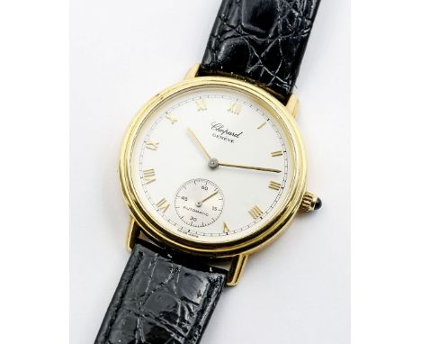 Armbanduhr "Chopard". Aus der Modellserie "LINEA D'ORO". Rundes 750/000 GG-Gehäuse. Weißes Zifferblatt mit aufgelegten, golde