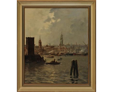 Demmin, Erich (1911 Mecklenburg-Berlin 1997) Hamburger Hafen mit Michel. Öl/Holz, li.  u. sign. Ca. 60x 50 cm. R.