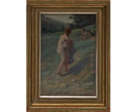 Monogrammist C.P. (Frankreich, um 1900) Weibliche Akte in Landschaft. Öl/Platte, re. u. monog."C.P.". Ca. 25,5x 17,5 cm. R.