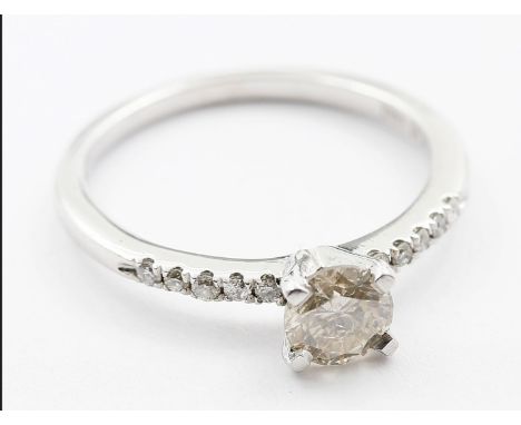Brillantring. 14 kt. WG, brutto 2 g. Besetzt mit Brillant, 0,6 ct., tw (F)/si1-si2, auf den Ringschultern flankiert von zehn 