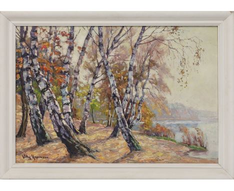 Herrmann, Willy (1895 Berlin 1963) Herbstliches Seeufer mit Birken. Öl/Lwd., li. u. sign. 70x 100 cm. R.