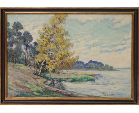 Herrmann, Willy (1895 Berlin 1963) Wolkenbildung über einem Seeufer mit Birke. Öl/Lwd., re. u. sign. 80x 120 cm. R.