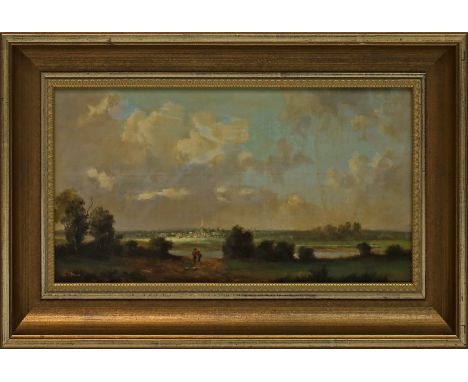 Demmin, Erich (1911 Mecklenburg-Berlin 1997) Landschaft mit Wanderern und Dorf am Horizont. Öl/Holz (Altersspuren, vergilbt),