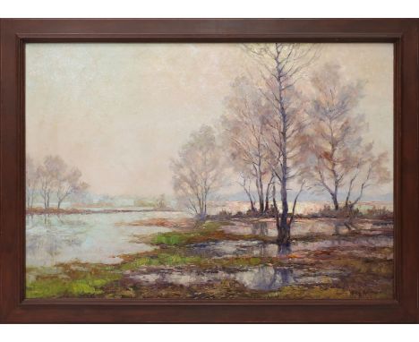 Herrmann, Willy (1895 Berlin 1963) Überschwemmtes Seeufer mit Baumgruppe in der Dämmerung. Öl/Lwd., re. u. sign. 70x 100 cm. 