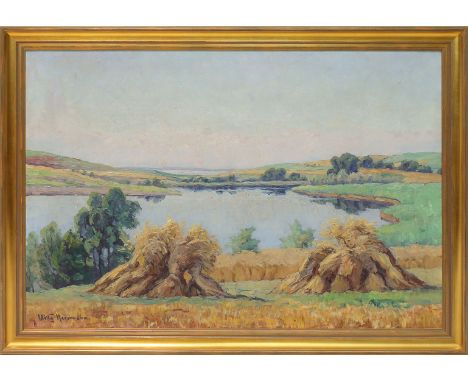 Herrmann, Willy (1895 Berlin 1963) "Getreidehocken am Märkischen See", so auf Etikett betitelt. Öl/Lwd., li. u. sign. 68x 100