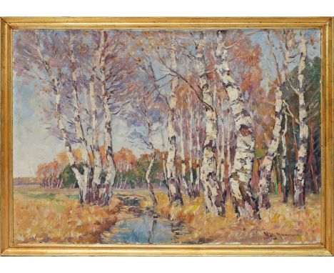 Herrmann, Willy (1895 Berlin 1963) Birkengruppe an einem Bachlauf. Öl/Lwd. (neu zu spannen), re. u. sign. 71x 100 cm. R.