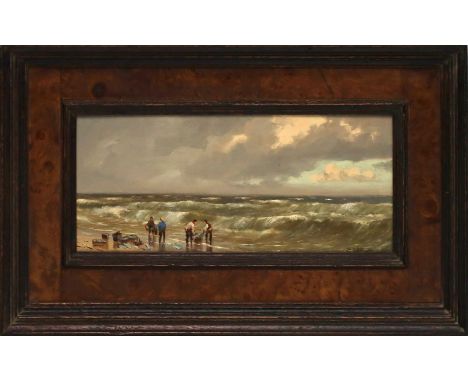 Demmin, Erich (1911 Mecklenburg-Berlin 1997) Fischer mit Netzen am Strand. Öl/Holz, re. u. sign. Ca. 11x 25 cm. R. 