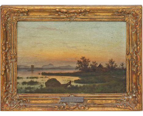 Mittenzwey, Carl Gottlob (1822 Reichenbach - 1890 Zwickau) Flussufer in der Abendröte mit sein Boot an Land ziehendem Fischer