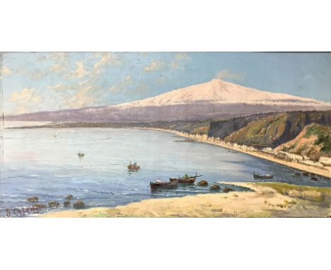 Oil paint on canvas depicting Naxos' seascape. G. Cajani. Cm 27x51
