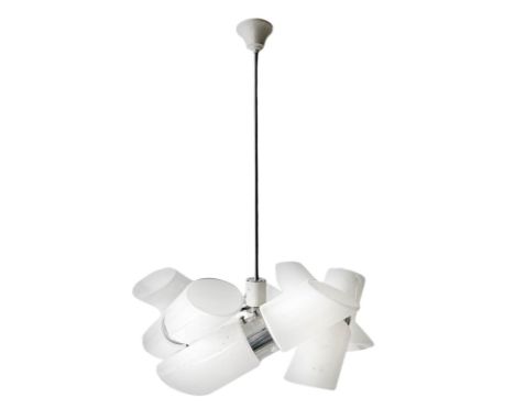 Mazzega Murano, chandelier with chromed metal frame and diffusers in layered white glass form cylindrical trunk oxidation sig