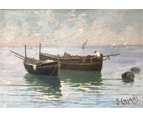 Oil paint on canvas depicting seascape with boats. G. Cajani .Cm 27x51