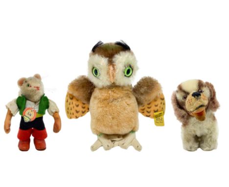 n. 3 Group Steiff plush: dog h 13 cm, owl h 15 cm, cat with boots, 11 h CM, Germany, twentieth century.