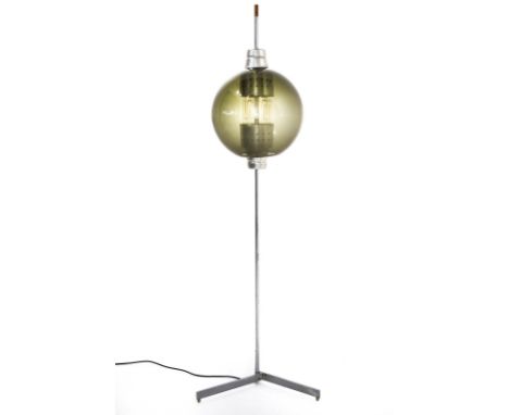 Floor lamp in chrome-plated brass, glass shade smoked, O-Luce attributed 50s. H cm 130x35 272