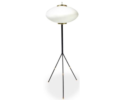 Stilnovo Milan, floor lamp in black-lacquered brass, polished brass dettegli, triplex opal glass diffuser, Wear and tear. 50s