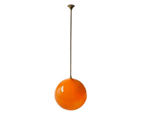 Vistosi, Murano, drawing A. Pianon pendant lamp glass orange incaminciato, spherical shape brass structure. 60's. H 40 cm dia