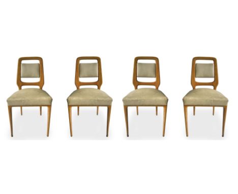 Group of four chairs, light wood structure, padded backrest, covered with beige-colored sky, Italian production. Wear and tea