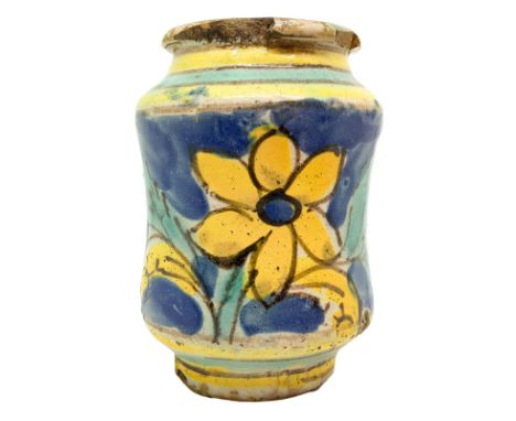 Albarello in Caltagirone majolica with flower decorations on cobalt blue background, eighteenth century. H 11 cm.