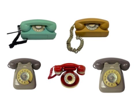 5 vintage phones Group. 1 gray wall, Fatme model DBGF 112-113 / DBMF112-113 1967, 1 Telcer Hollywood red Bordeaux model Vinta