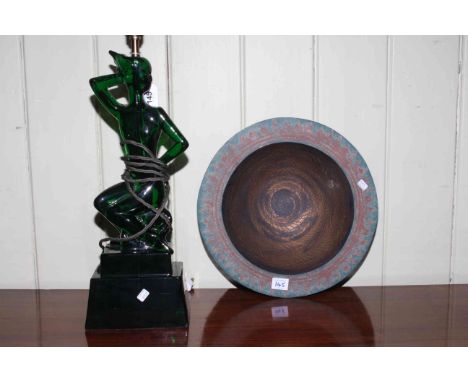 Green resin lady table lamp together with a Studio Pottery fruit bowl (2).