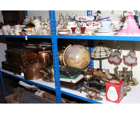 Collection of metalwares including cased cutlery, coal buckets, magazine rack box, binoculars, Tiffany style lamp, barometer,