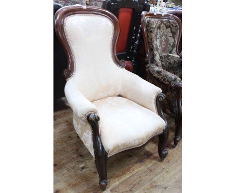 Victorian mahogany framed gents chair in light pink fabric.
