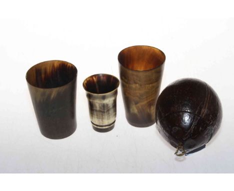 Three 19th Century horn beakers and unusual coconut caddy (4).