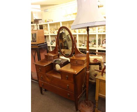 Edwardian mahogany dressing table, mahogany towel rail, stool and standard lamp and shade.