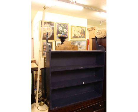 Contemporary standard lamp, painted open bookcase, two rolls of material, two tin strong boxes, bedroom chair and side chair 