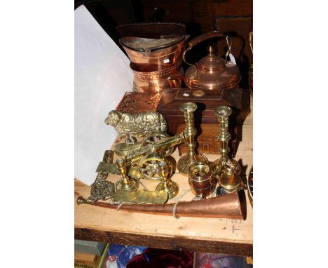 Copper and brass wares and tea caddy.