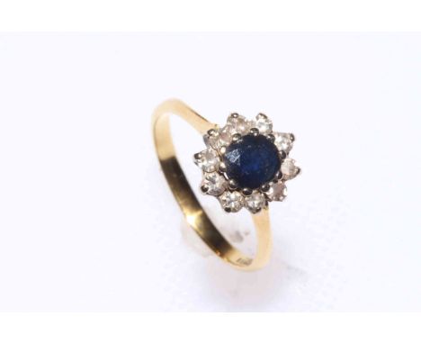 18 carat gold, sapphire and diamond eleven stone cluster ring, size J/K.