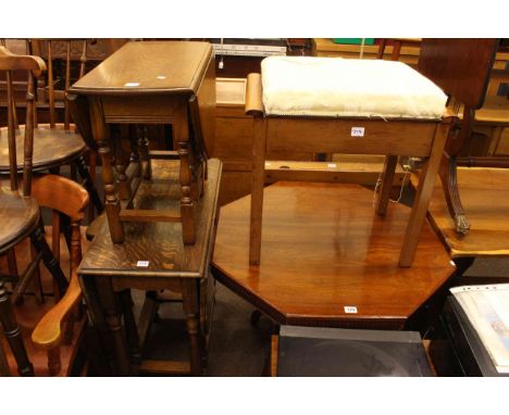 Late Victorian octagonal occasional table, folding child's school desk, two drop leaf tables and music stool (5).