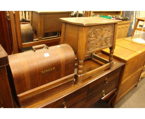 Small oak two door cabinet, Bevan &amp; Funnell oak sewing box and contents, vintage Singer sewing machine and trunk (4).