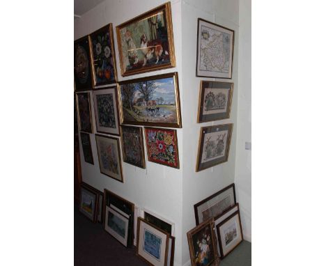 Large collection of pictures including ten framed needleworks, Saxtons Map of Durham print, etc.