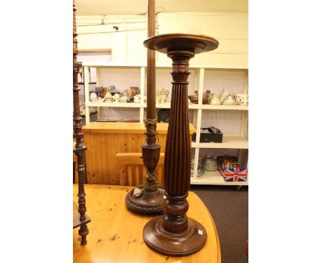 Walnut ball and claw leg long footstool, mahogany reeded column standard lamp and mahogany reeded column plant stand (3).