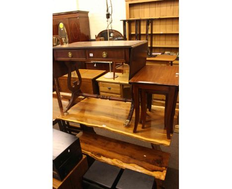 Pine six drawer double pedestal dressing table and arboreal kitchen table and bench, reproduction mahogany two drawer sofa ta