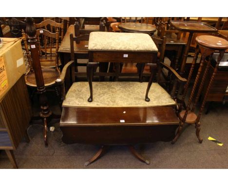 Edwardian parlour settee, mahogany triform standard lamp, cabriole leg music stool, low drop leaf table and two plant stands 