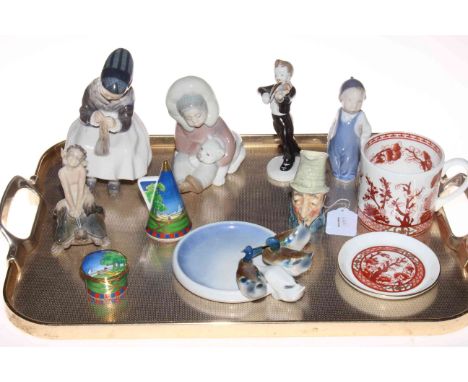 Tray lot with three Royal Copenhagen figures, Royal Worcester Lazy Days snuffer and pill box, Coalport mug and coaster, etc.
