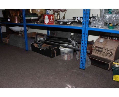 Large collection of metalwares including National Cash Register, Waymaster scales, motorcycle spanners, other tools, cast fir