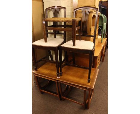 G. Plan rectangular nest of three teak tables, pair Edwardian mahogany side chairs and oak stool.